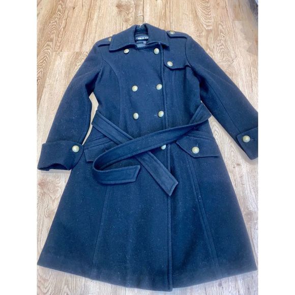 Trilogi Jackets & Blazers - Trilogi Black Wool Blend Womens Belted Mid Length Coat Jacket Button Closure 10